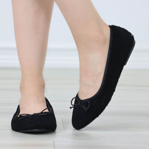 Black Ballet Flats Bow Detail Rounded Toe Slip-On Sherpa Upper - Picture 12 of 13